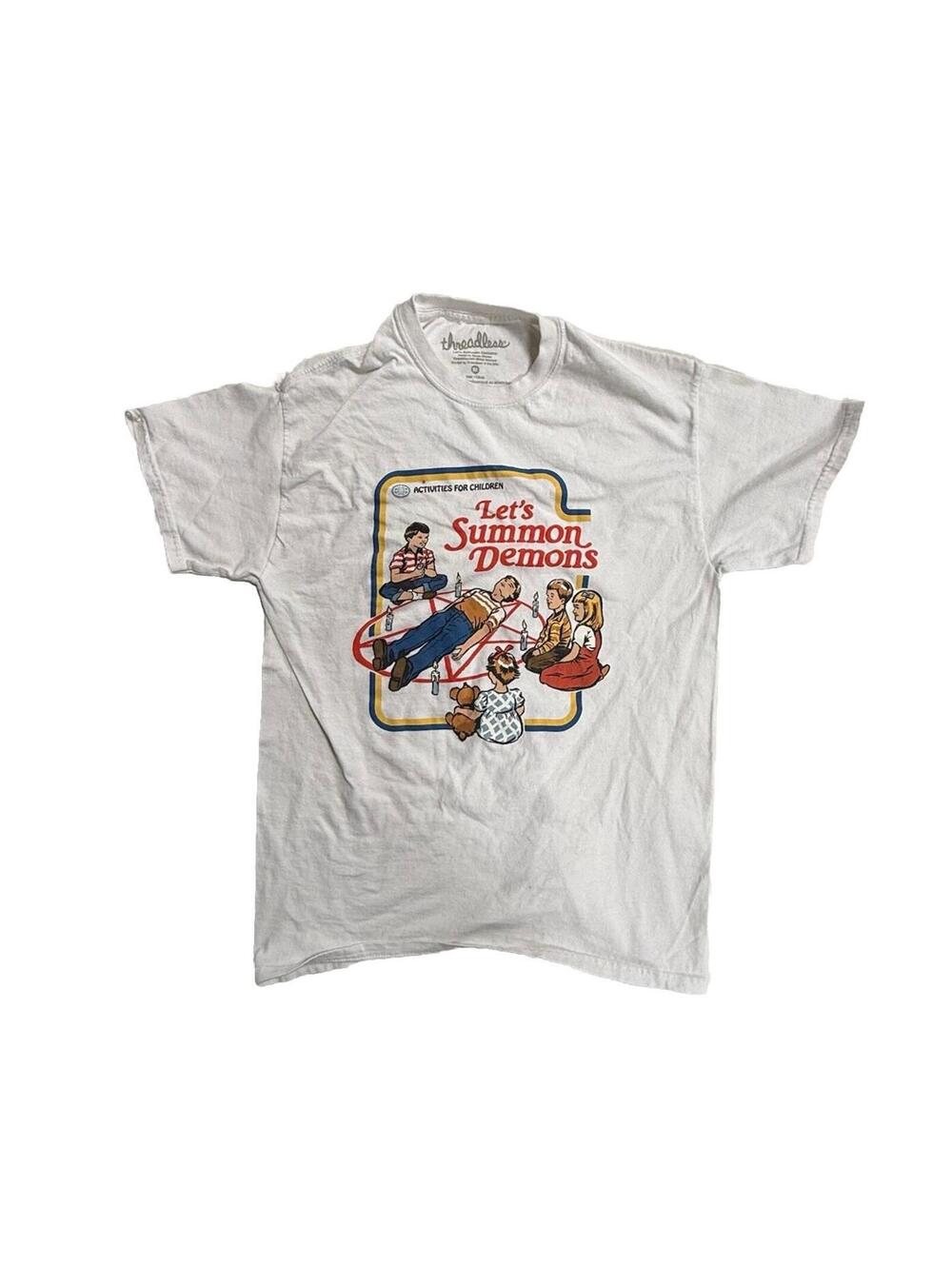 Threadless Men's White Cotton Graphic Let's Summon Demons T-Shirt Size M